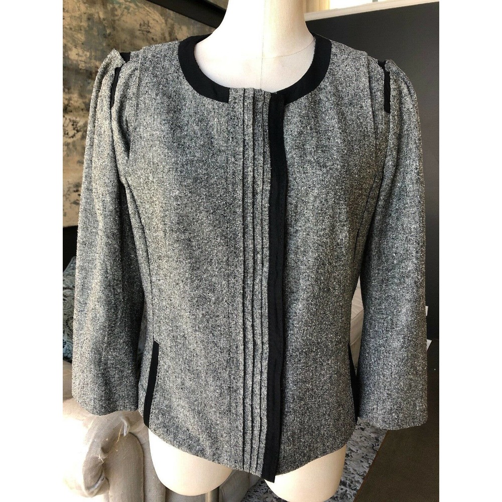 Gray Tweed Round-Neck Blazer with Black Trim